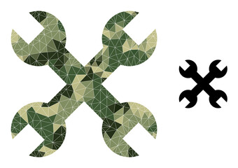 Camouflage low-poly collage repair spanners icon. Low-poly repair spanners icon combined of chaotic camo filled triangles. Vector repair spanners pictogram in camouflage military style.