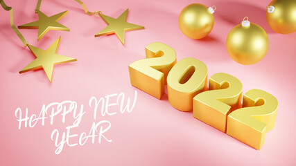 Happy new year 2022 pink background. Number of the year and Christmas decorative objects gold color. 3d illustration