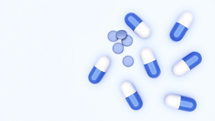 Medicine, blue capsules and pills, covid antiviral. 3D illustration.