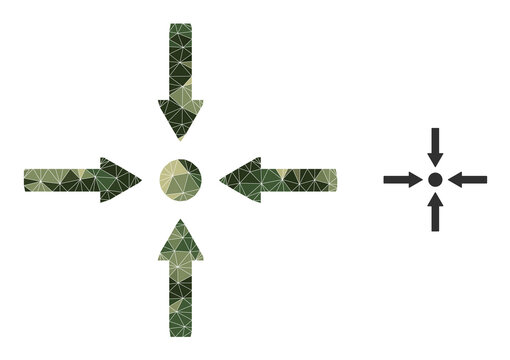 Camouflage low-poly mosaic meeting point arrows icon. Low-poly meeting point arrows pictogram constructed from chaotic khaki color triangle parts.