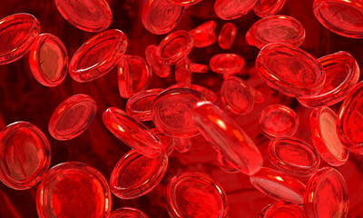 Red blood cells passing through the inside of a vein. Interior of the human body. 3d render.