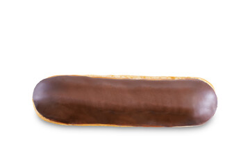Dark chocolate eclair on a white isolated background
