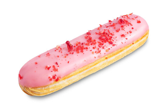 Pink strawberry eclair on a white isolated background