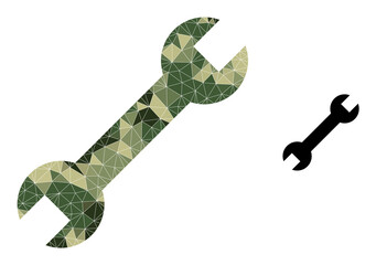 Camouflage lowpoly collage spanner icon. Lowpoly spanner pictogram is designed from randomized camouflage color triangles. Vector spanner icon designed in camouflage military style.