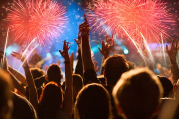 crowd celebrating New Year's Eve watching fireworks