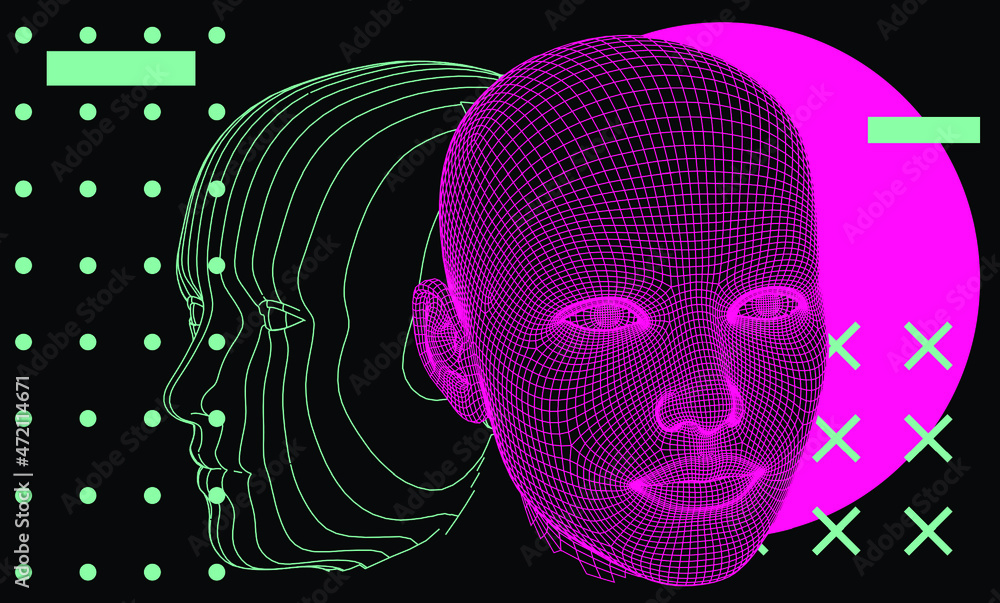 Poster 3d low poly wireframe model of a human head. concept illustration of artificial intelligence.