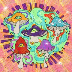 Magic mushroom poster. Surreal amanitas, fairy toadstools