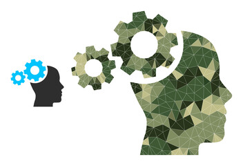 Camouflage low-poly mosaic mind gears icon. Low-poly mind gears icon constructed of scattered camouflage colored triangle parts. Vector mind gears pictogram created in camo army style.