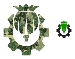 Camouflage polygonal collage opium industry icon. Low-poly opium industry icon designed from chaotic camouflage filled triangles. Vector opium industry icon created in camouflage military style. - obrazy, fototapety, plakaty