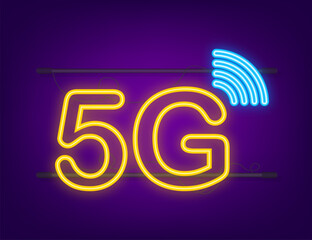 5G neon symbol set isolated on background, mobile communication technology and smartphone network. Vector stock illustration