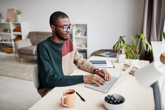 Portrait of young African-American man wearing glasses while working from home and using laptop, copy space