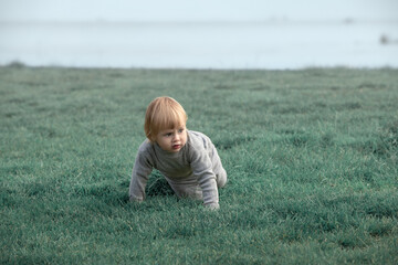 child creeps on the grass at seashore