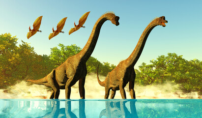 Brachiosaurus Jurassic Lake - Pterodactyl reptiles fly over two Brachiosaurus Titanosaur sauropod dinosaurs enjoying the water.