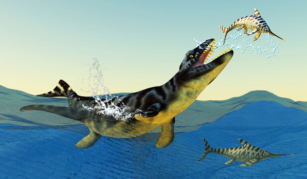 Dakosaurus attacks Eurohinosaurus - A Eurohinosaurus jumps out of the sea trying to get away from a Dakosaurus marine predator.