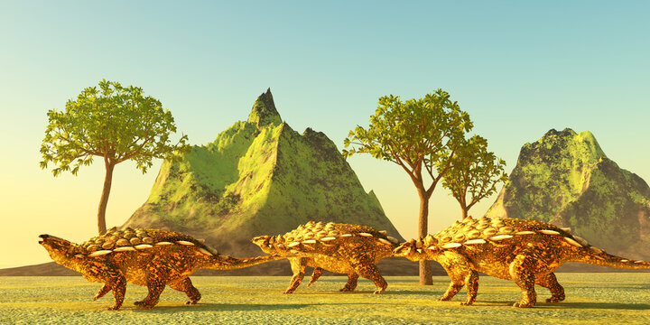 Gargoyleosaurus Dinosaurs - Three armored herbivore Gargoyleosaurus ankylosaurs travel together during the prehistoric ages of North America.