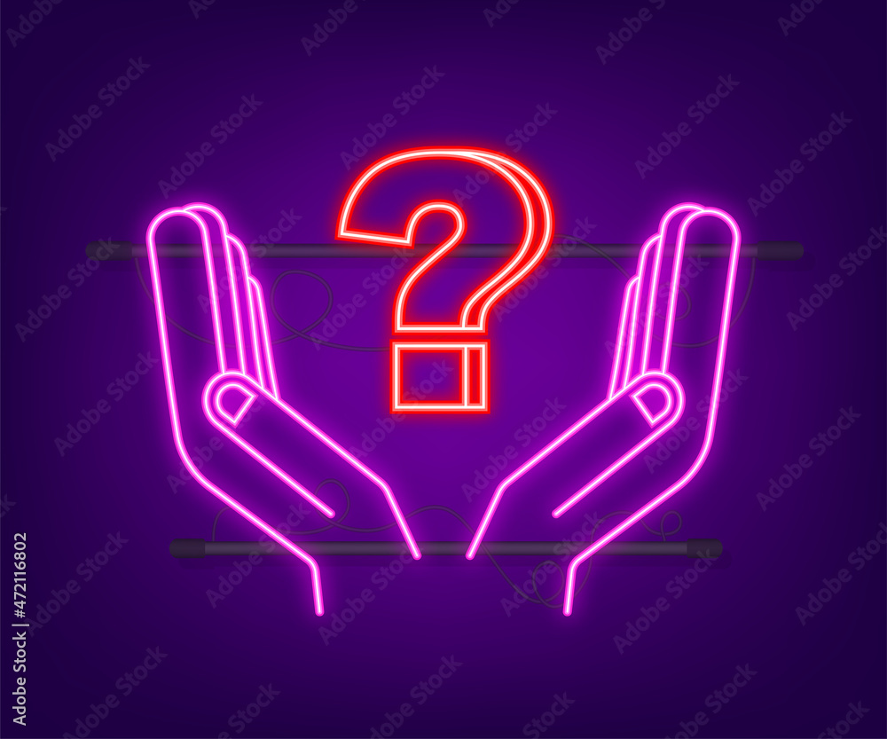 Poster neon question mark in hands for concept design. technology vector illustration. abstract isometric i