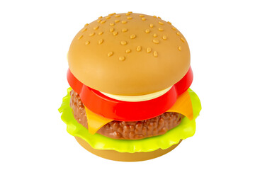 Plastic burger isolated on white background. Plastic cheeseburger. Food is a surrogate. Isolate on a white background.