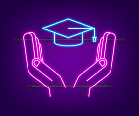 Graduation cap with tassel in hands, neon mortar board. Vector stock illustration