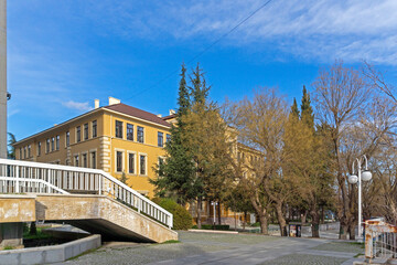 Fototapeta na wymiar Building and street at the center of city of Stara Zagora, Bulgaria