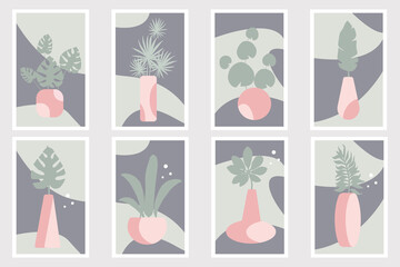 Set of modern posters with tropical plants, leaves in flowerpots on an abstract background.Minimalism.Flat vector graphics.