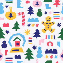 Obraz na płótnie Canvas Winter seamless pattern with christmas tree toy, fir, snowman, snowflake, snowball, gingerbread man. Surface decoration. Cloth design, wallpaper, wrapping. Vector illustration.