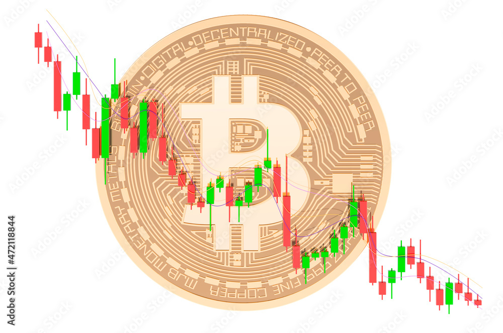 Poster bitcoin with japanese candlestick chart, showing down bitcoin, concept. 3d rendering