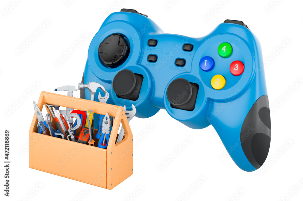Poster gamepad with toolbox. service and repair of gamepad, 3d rendering