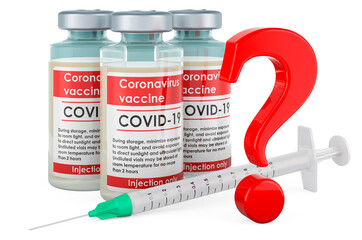 COVID-19 vaccines with question mark, 3D rendering