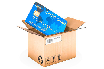 Credit card inside cardboard box, online shopping and delivery concept. 3D rendering