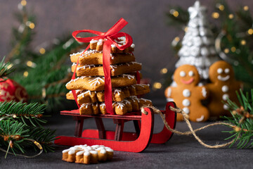 Christmas, winter, new year composition. Homemade gingerbread cookies in the form of snowflakes and fabulous gingerbread men, Close-up