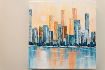 Abstract acrylic painting on canvas of cityscape skyline with highrise towers reflected in water...