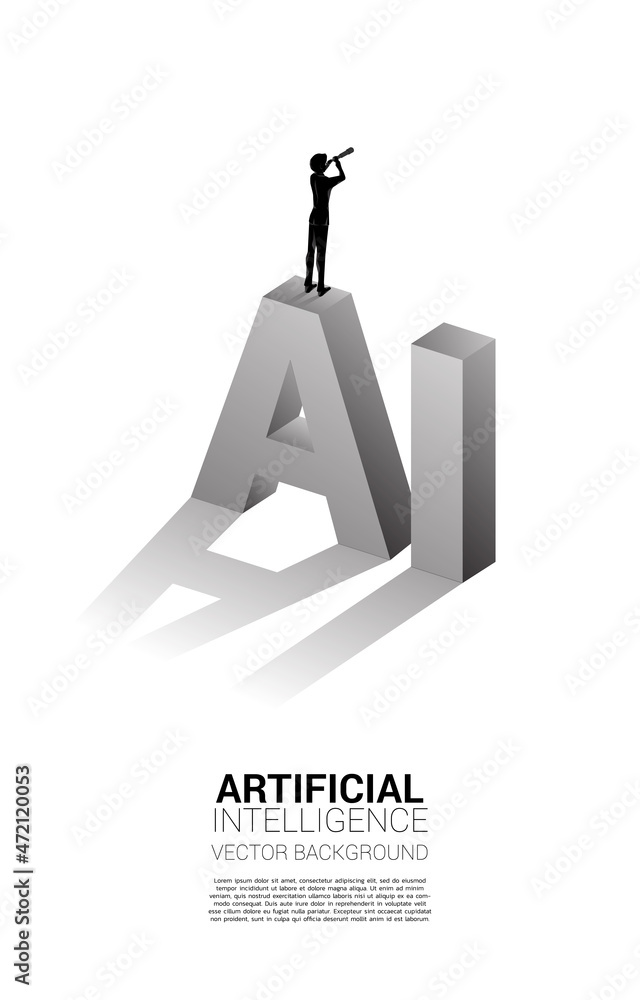 Poster silhouette of businessman looking through telescope on ai text 3d. business concept for machine lear
