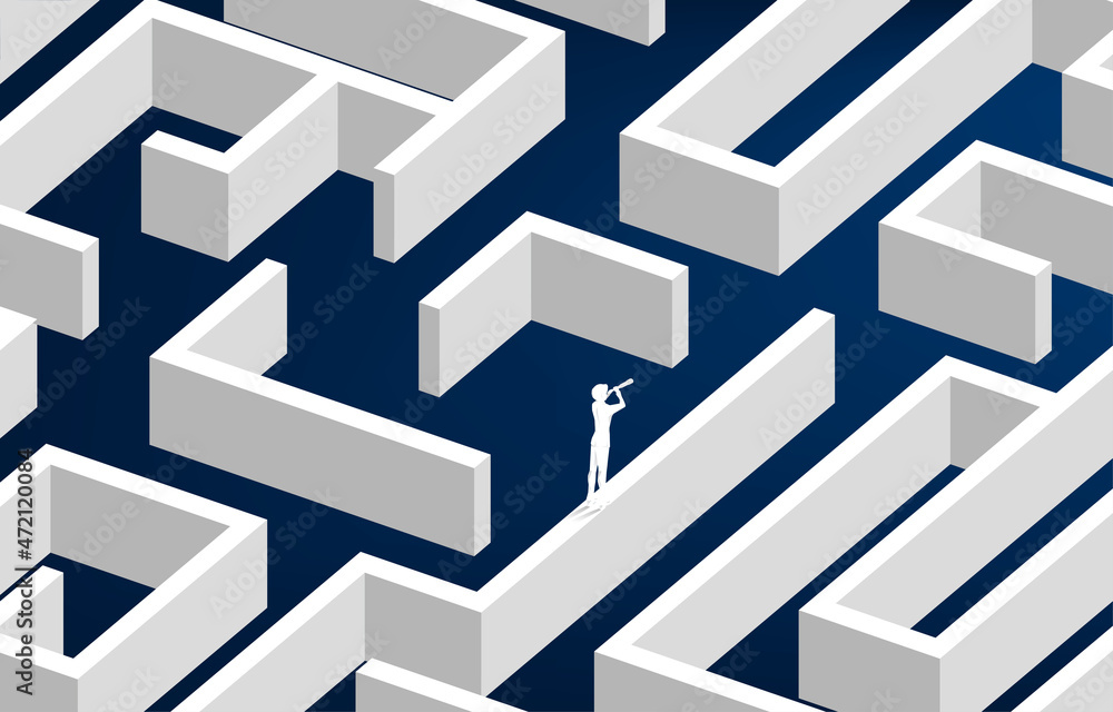Aufkleber silhouette of businessman look in telescope enter to maze to red flag. business concept for finding 