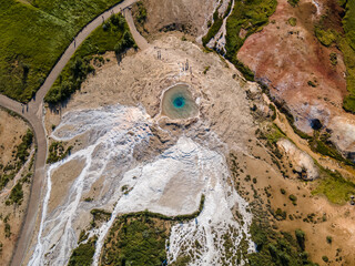 Impressive view of Icelands Geysir Geisir in the Golden Circule, the geothermal activity and a...