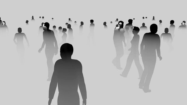 Silhouettes of many people walking in fog. People, spirits , phantoms, walking in  mist, haze , after life plane. 3d animation render