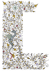 Medieval floral border. Vintage color palette.Ancient book miniature. Magic manuscript.
Vertical orientation.Rectangular frame. - obrazy, fototapety, plakaty