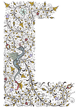 Medieval floral border. Vintage color palette.Ancient book miniature. Magic manuscript.
Vertical orientation.Rectangular frame.