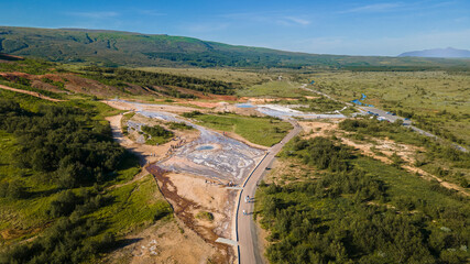 Impressive view of Icelands Geysir Geisir in the Golden Circule, the geothermal activity and a attraction for tourists in Iceland