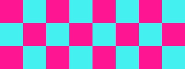 Checkerboard banner. Cyan and Deep pink colors of checkerboard. Big squares, big cells. Chessboard, checkerboard texture. Squares pattern. Background.