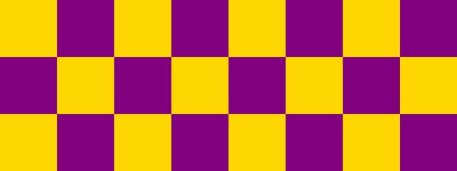 Checkerboard banner. Purple and Gold colors of checkerboard. Big squares, big cells. Chessboard, checkerboard texture. Squares pattern. Background.