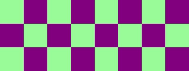 Checkerboard banner. Purple and Pale Green colors of checkerboard. Big squares, big cells. Chessboard, checkerboard texture. Squares pattern. Background.