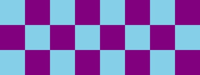Checkerboard banner. Purple and Sky blue colors of checkerboard. Big squares, big cells. Chessboard, checkerboard texture. Squares pattern. Background.