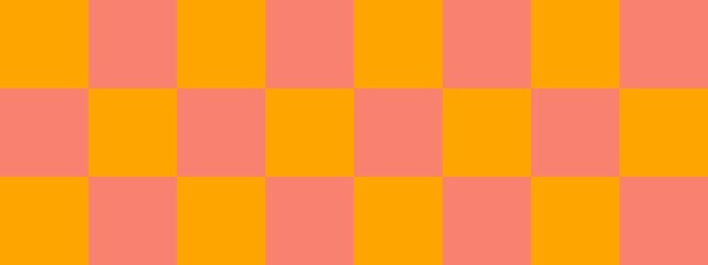 Checkerboard banner. Salmon and Orange colors of checkerboard. Big squares, big cells. Chessboard, checkerboard texture. Squares pattern. Background.