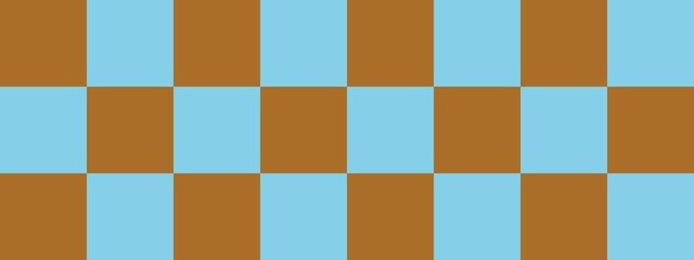 Checkerboard banner. Sky blue and Brown colors of checkerboard. Big squares, big cells. Chessboard, checkerboard texture. Squares pattern. Background.