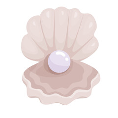 White pearl in a clam, cartoon vector graphics isolated on white background.