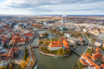 Fototapeta na wymiar Aerial view of the oldest historical part of the European city of Wroclaw, Poland