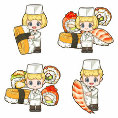 Kawaii sushi food vector illustration and little chef, Big sushi is hugged by the little chef cartoon, Cute cartoon characters for sticker, pin, badge or It can be used as part of the overall design.