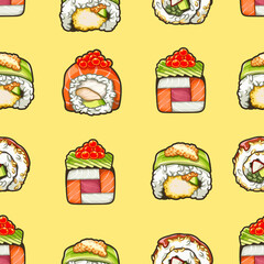 A kawaii sushi and roll with yellow background seamless pattern vector illustration, They are perfect for branding, paper stationery, clothing, accessories, wedding, packaging, magazines and more.
