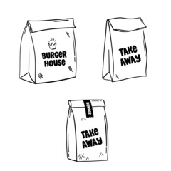 Hand drawn set of a take away bag. Vector illustration Burger house and take away. Doodle takeaway box.