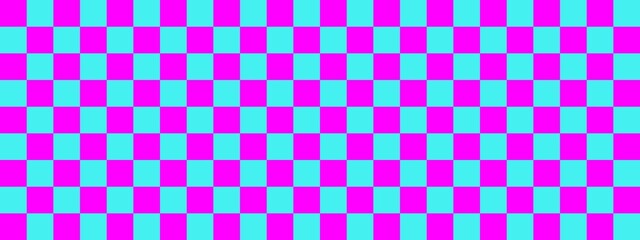 Checkerboard banner. Cyan and Magenta colors of checkerboard. Small squares, small cells. Chessboard, checkerboard texture. Squares pattern. Background.